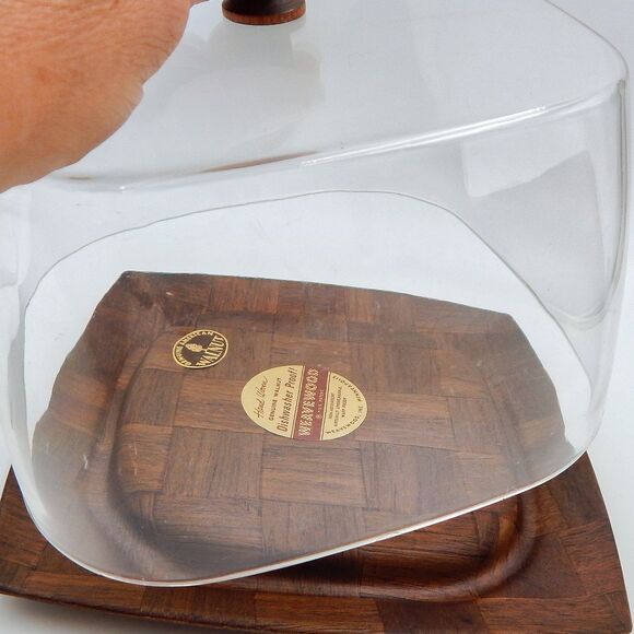 Weavewood Covered Cheese Tray With Clear Lid Handwoven Walnut MCM - Picture 9 of 11